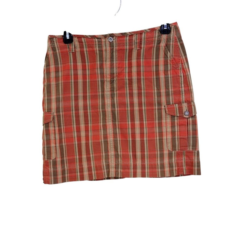 Eddie Bauer Cargo Midi Skirt Womens 10 Orange Plaid Cotton Zipper Fly Pockets